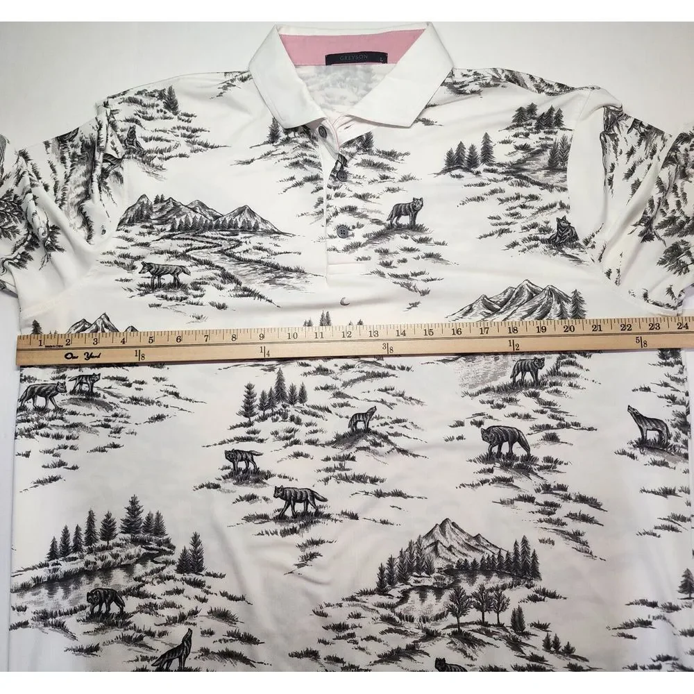 Greyson Men's Short‎ Sleeve Hazeltine Polo Size L All Over Wolf Print RARE PRINT